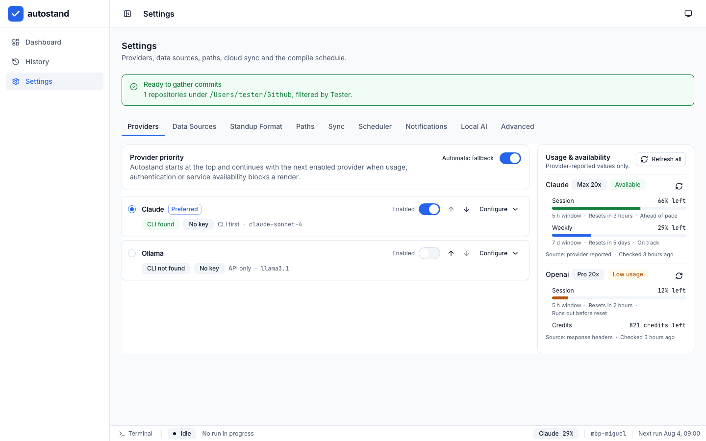 Settings → Providers with the Usage & availability rail populated. Claude, on a Max 20x plan, reads Available with 66% left of a five-hour session and 29% left of the week, marked ahead of pace and on track. Openai, on Pro 20x, reads Low usage with 12% of the session left, a “Runs out before reset” warning, and 821 credits left.