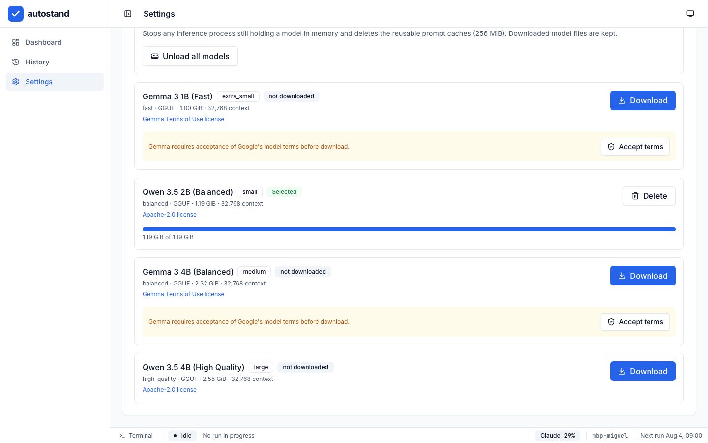 Settings → Local AI showing the Built-in local AI panel: download and select a private GGUF model for offline provider fallback, with its model catalog loading.